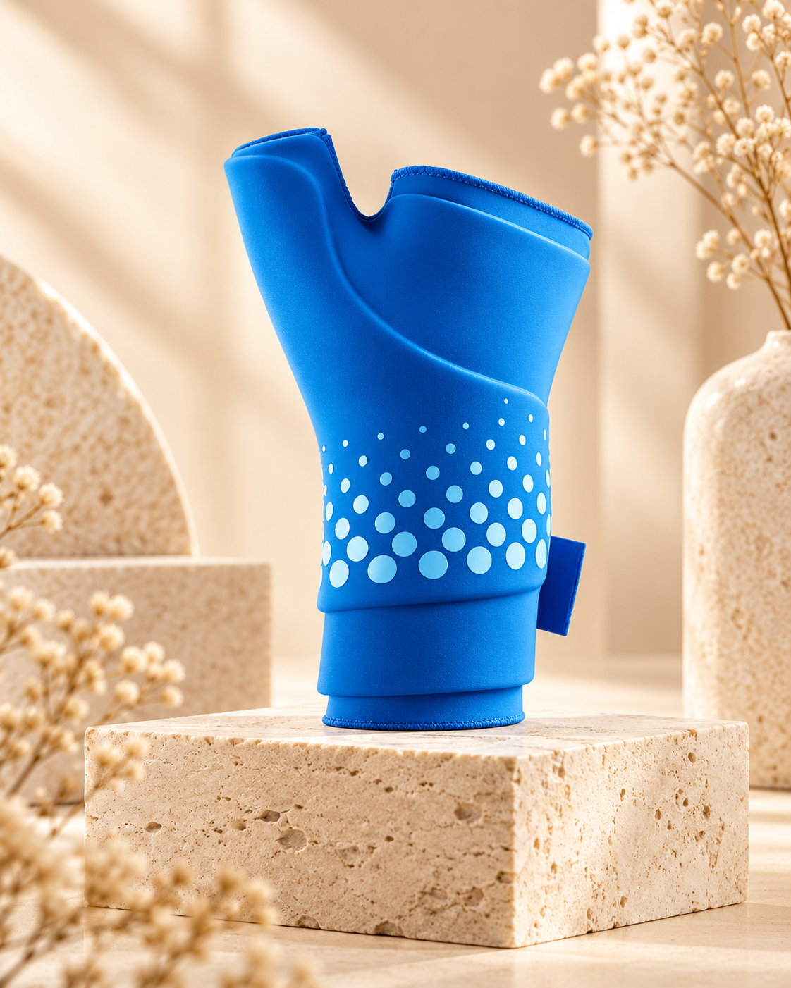 Blue reusable wrist ice pack on a warm stone display